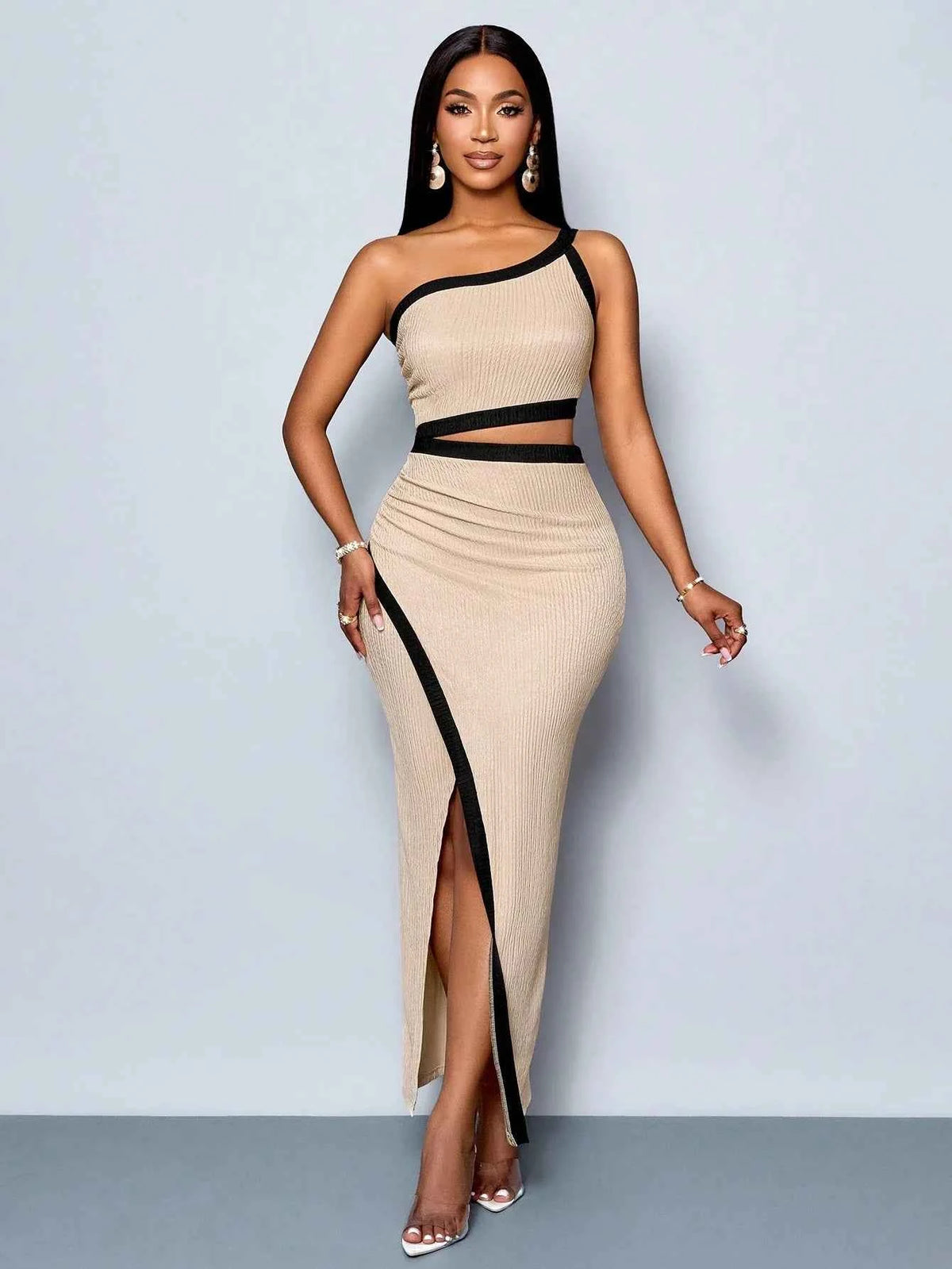 Women's Summer Vacation Sexy One-Shoulder Waist-Cutout High Slit Dress with Color-Contrast Patchwork Details and Casual Vacation
