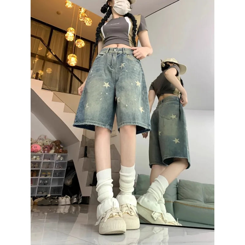 Casual Floral Print Loose Wide Leg Womens Jeans New American Retro Star Design Straight Leg Comfort Stretch Soft Denim Shorts