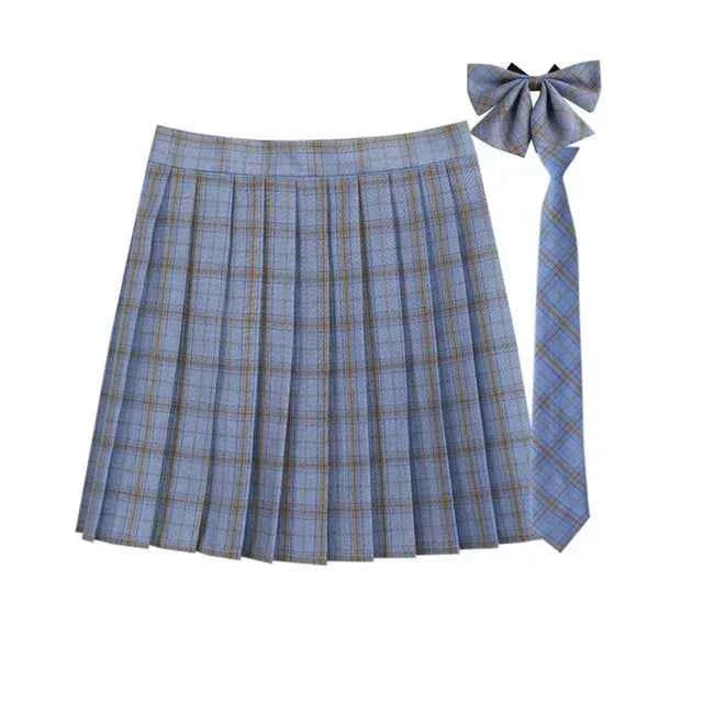 Women Summer Plaid Pleated Skirt With Necktie Bowtie Korean Jk Skirt Uniform Japanese School Preppy A Line Mini Skirts