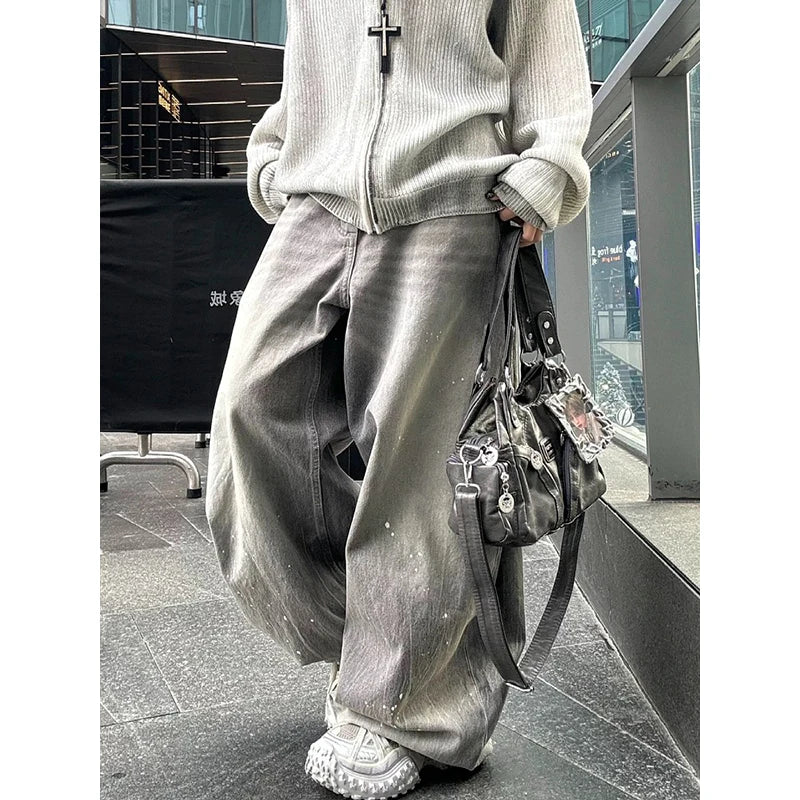 American Fashion New Gray Oversized Denim Pants Retro Wash Loose High Waist Trousers Harajuku Simple Casual Wide Leg Jeans