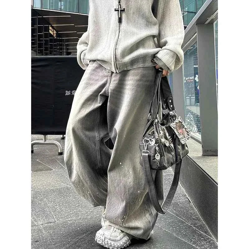 American Fashion New Gray Oversized Denim Pants Retro Wash Loose High Waist Trousers Harajuku Simple Casual Wide Leg Jeans