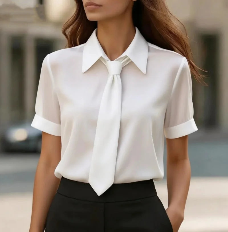 Women's Short Sleeve Blouse With Neck Tie Collar Elegant Office Shirt