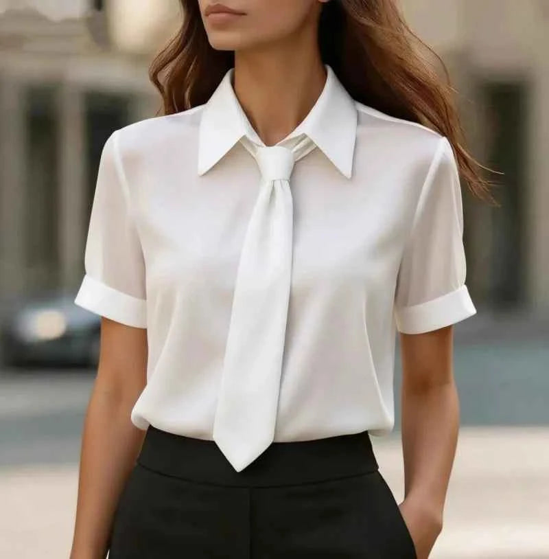 Women's Short Sleeve Blouse With Neck Tie Collar Elegant Office Shirt