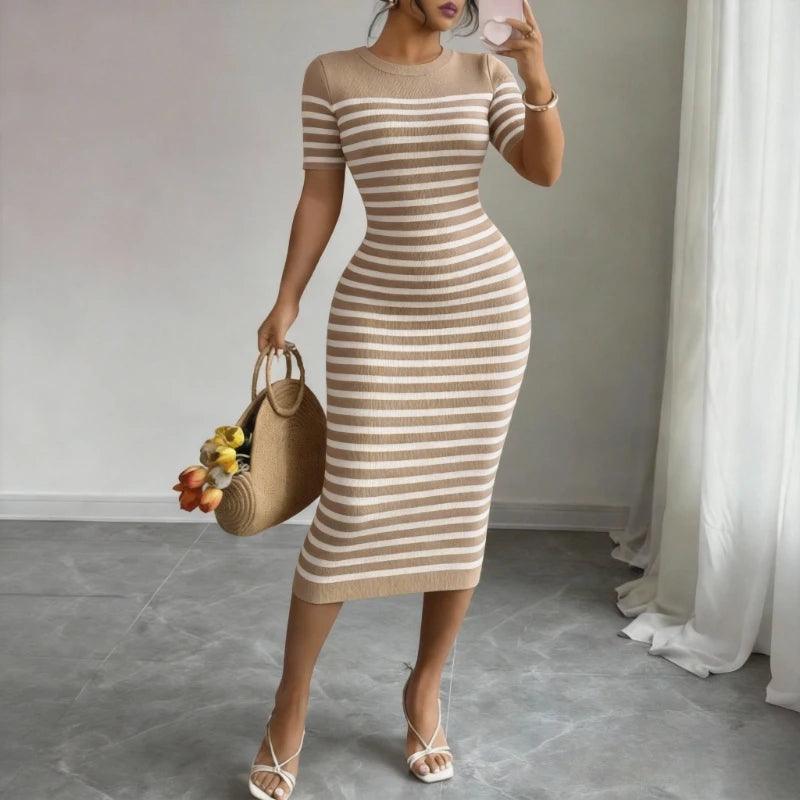 Women's Black Striped Crew Neck Short Sleeve Stretchy Knit Midi Dress Bodycon Sundress Casual Summer Daily Party Dress Outfits