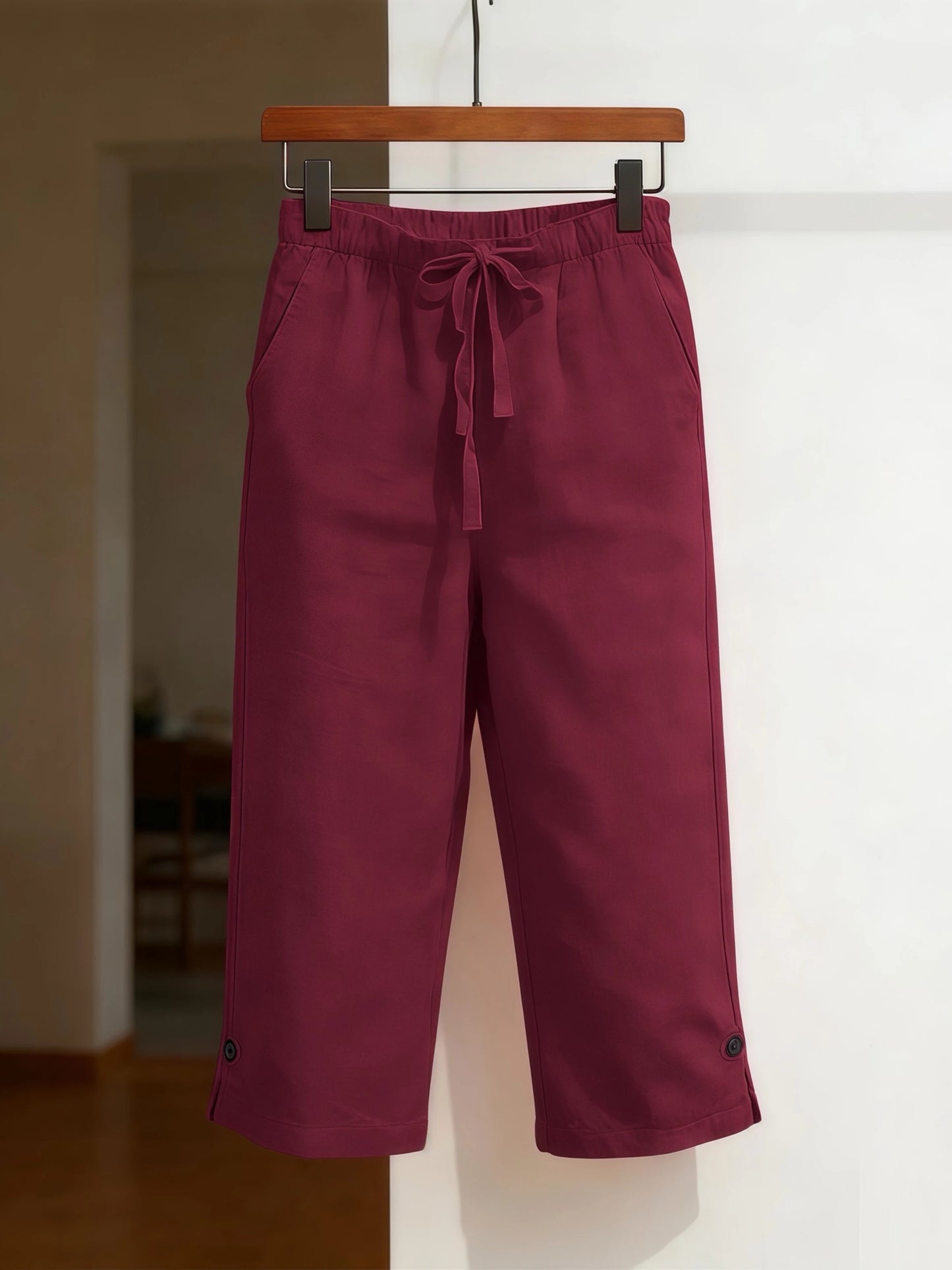 Women's Solid Color Cotton Linen Loose Fit Capri Pants with Belt and Multiple Pockets Front and Back