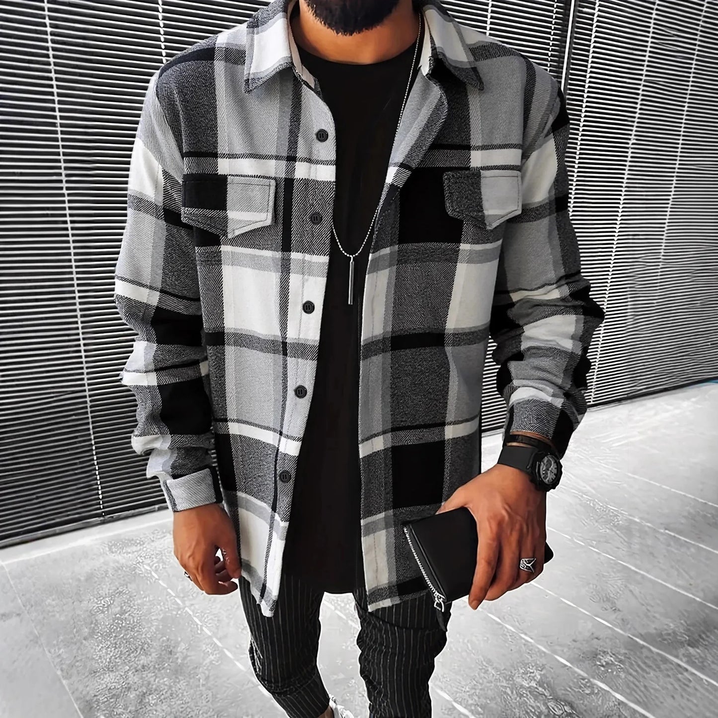 Men's Casual Plaid Shirt Jacket Autumn Winter New Style Flannel Outerwear Loose Fit Male