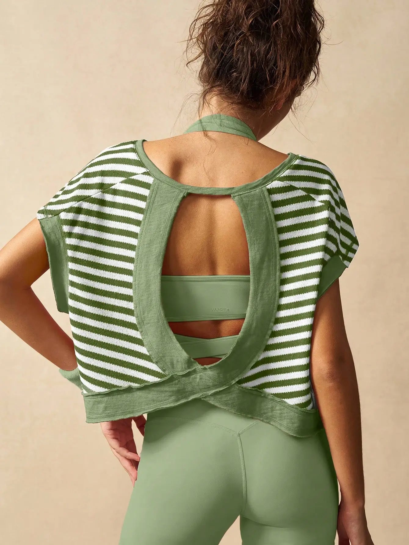 Women Striped Open Back Workout Top Gym Crop Top Summer Active Wear