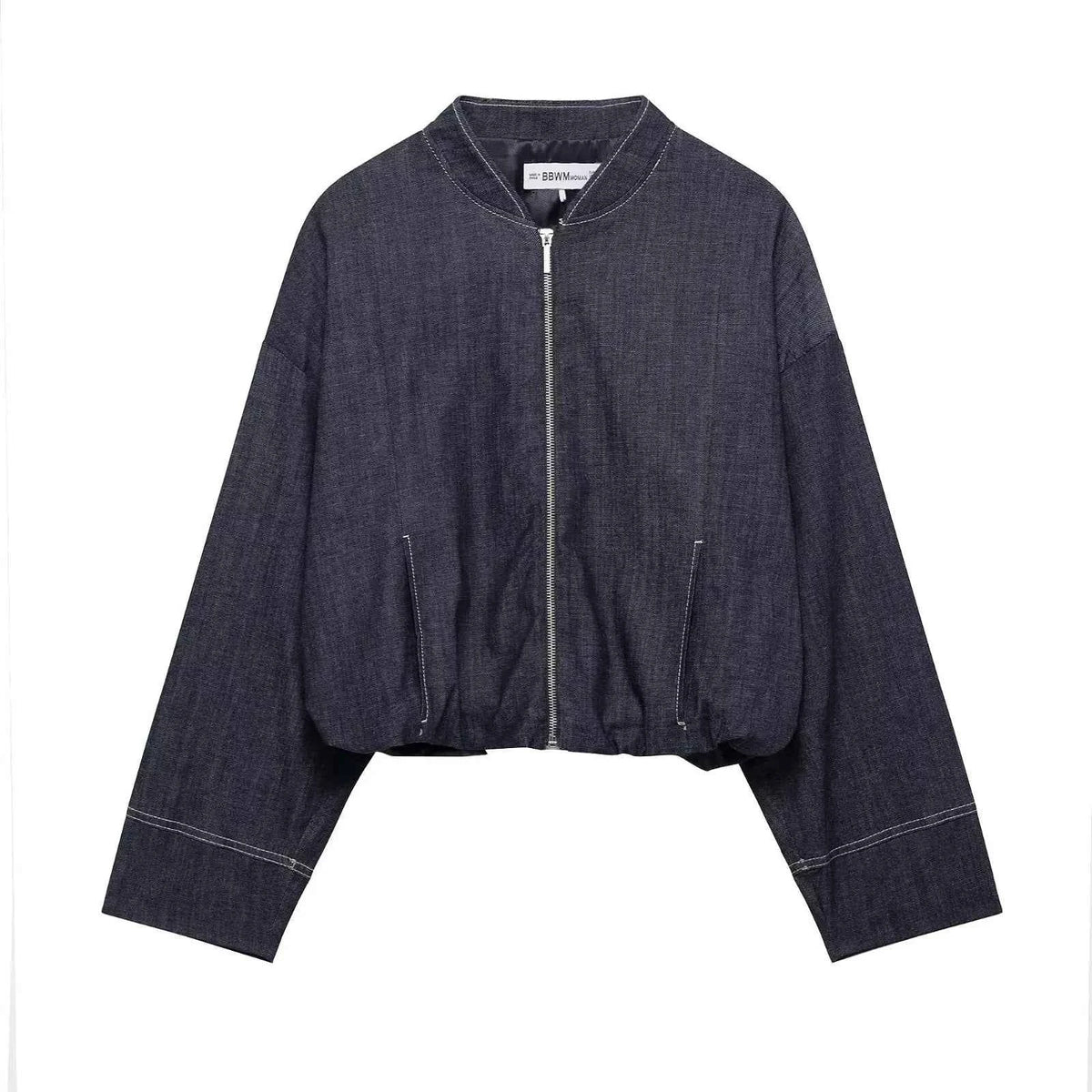 HH New Street Fashion Denim Bomber Jacket For Women Solid Color Stand Collar Zipper With Pocket Balloon Style Causal Coats