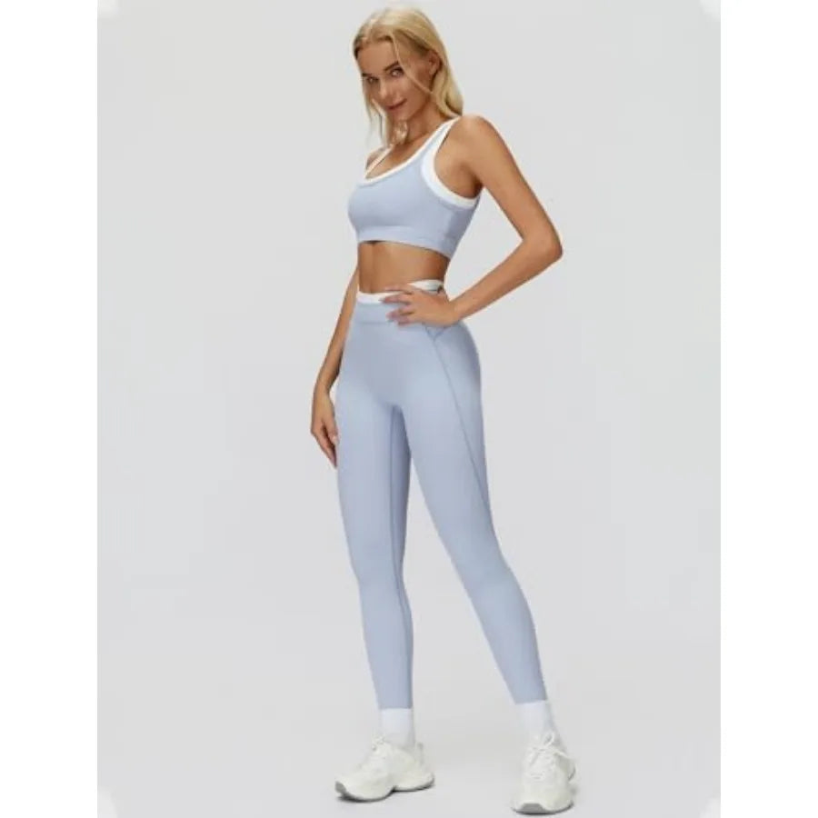 QBGJTD Womens Workout Set Two Pcs U Back Color Block Sports Bra Matching High Waist Leggings Gym Pilates Outfits