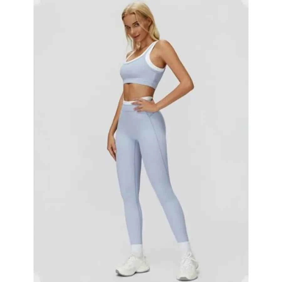 QBGJTD Womens Workout Set Two Pcs U Back Color Block Sports Bra Matching High Waist Leggings Gym Pilates Outfits