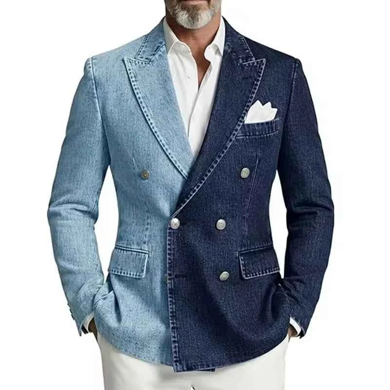 Men's Denim Suit Jacket Double Breasted Peak Lapel Slim Fit Cowboy Blazer Sports Coat Outing Date Night Trendy Party Prom