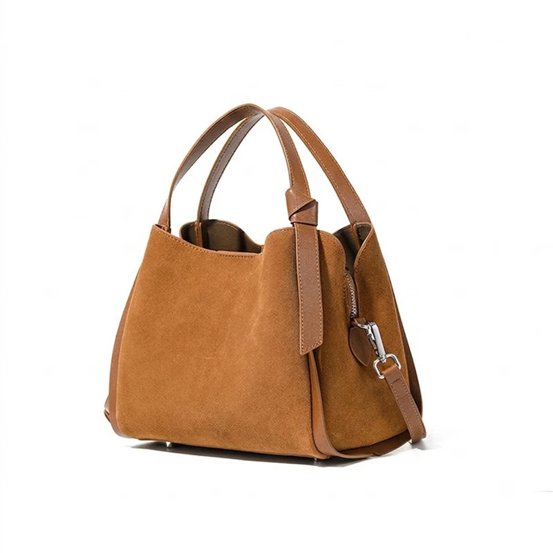 HIFASHION Luxury Genuine Leather Suede Bucket Bag For Women Vintage Top Handle Handbags Office Work Shoulder Crossbody Purses