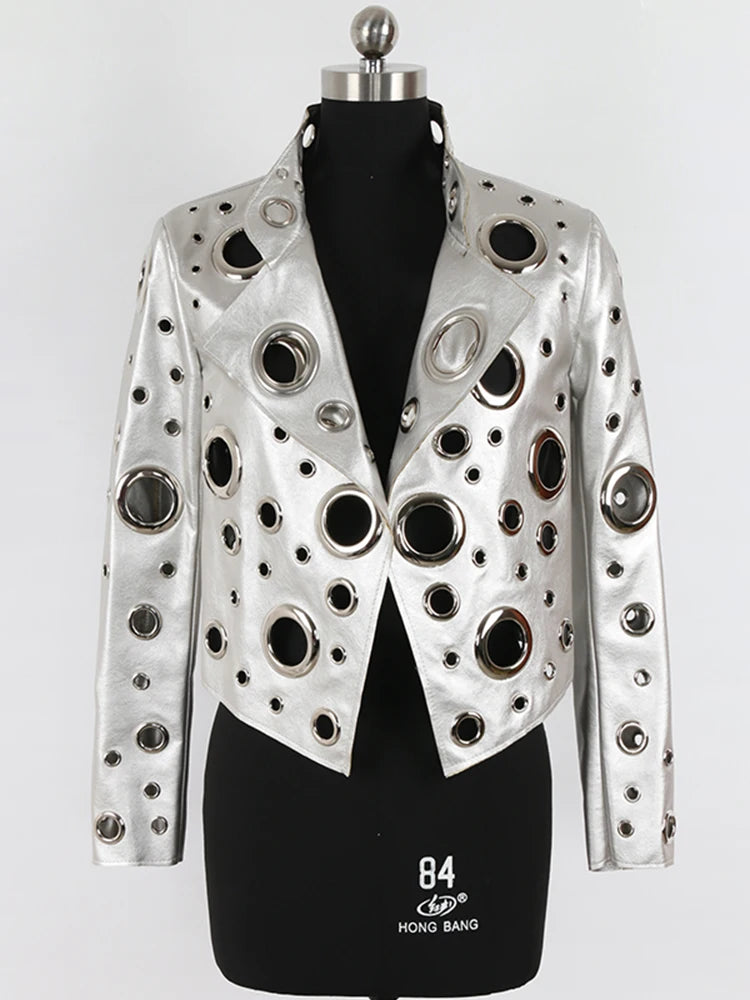 Nerazzurri Spring Autumn Short Hollow Out Pu Leather Jacket Women Rivet Cool Stylish Luxury Designer Clothes Runway Fashion 2024