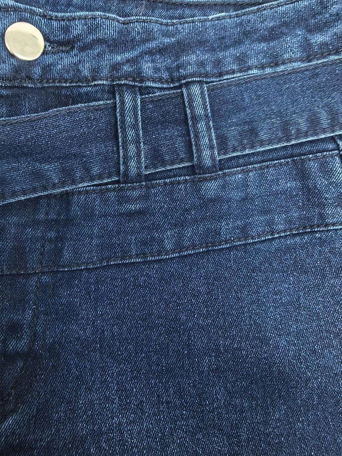 Ladies Deep Blue High Waist Bell Bottom Jeans Elastic Stretch Leg Lengthening Belted Waist