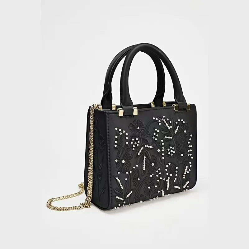 Elegant Soft Pearl Embroidery Fashion Handbag Silk Cheongsam Evening Clutch Chain Shoulder Bag Urban Minimalist Style Tote Chic