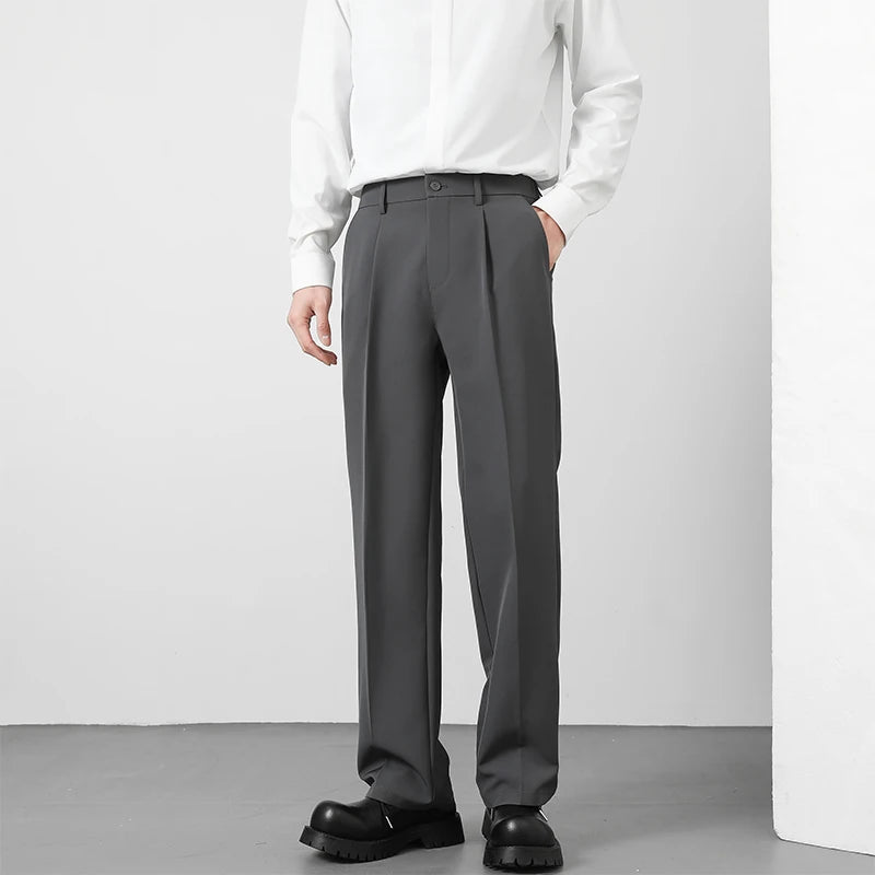 2025 Men's Loose Suit Pants Classic Straight Solid Color Drape Elastic Business Office Worker Casual Trousers Brown Khaki Gray