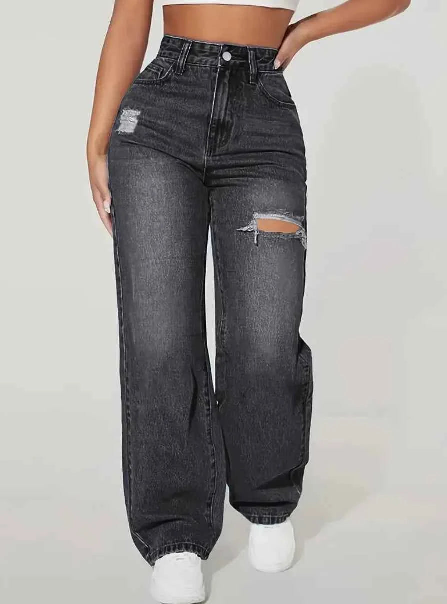 Jeans Women Denim Pant Wide Leg Long Pants Hole High Waist Straight Trousers Y2k Streetwear Work Splice Casual 2026 Punk