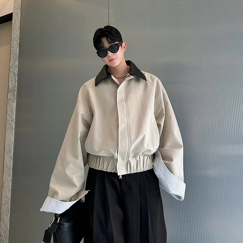 Spring 2025 Men's Cotton Flannel Jacket with Collar Patchwork Color Block Plaid Loose Fit Long Sleeve Zipper Closure Outerwear