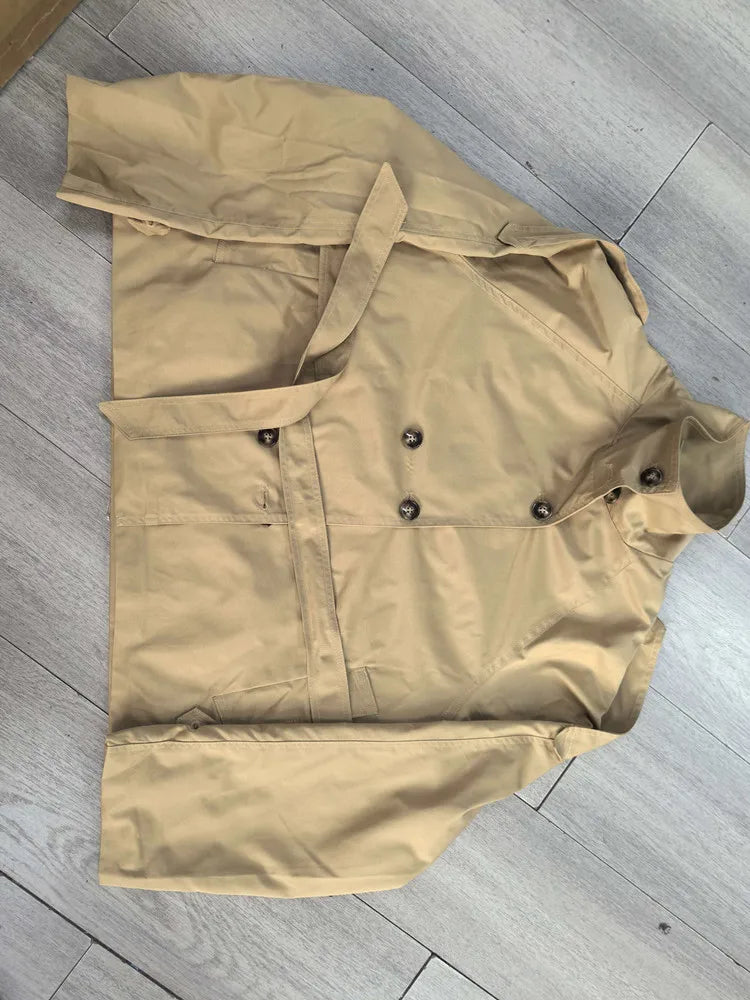 Belted Waist Cropped Trench Jackets Women Double Breasted Stand Collar Coats 2025 Autumn Chic Casual Vintage Jacket Women Cloth