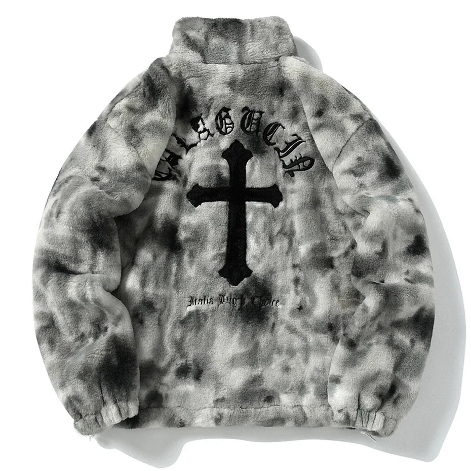Streetwear Vintage Fleece Jacket Cross Embroidery Oversized Casual Fluffy Fuzzy Zipper Coat Harajuku Hip Hop Men Jackets 2023