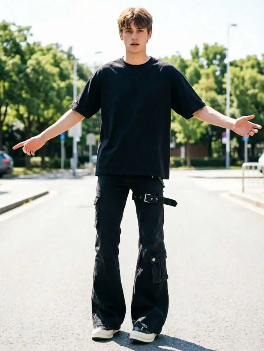 Mens White Cargo Jeans High Waist Wide Leg Flared Work Pants Casual Denim
