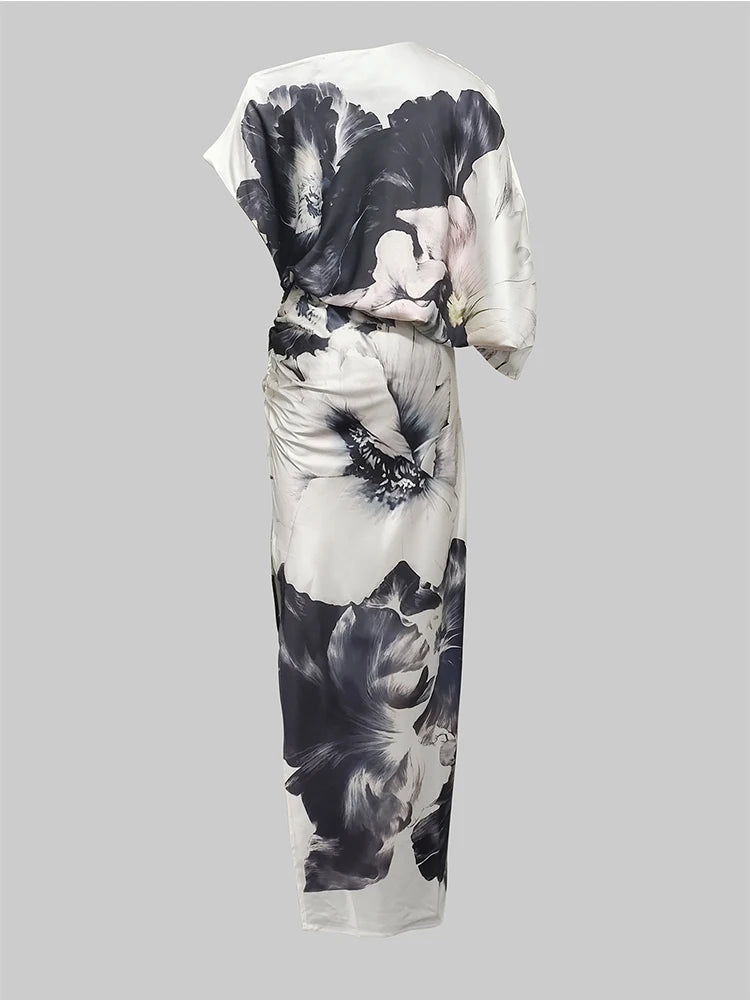 Gymystars Fashion Evening Dresses Floral Printed Long Dress for Women Summer Art Asymmetric Bat Sleeves One-Shoulder Party Dress