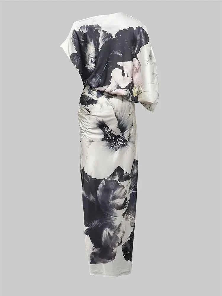 Gymystars Fashion Evening Dresses Floral Printed Long Dress for Women Summer Art Asymmetric Bat Sleeves One-Shoulder Party Dress