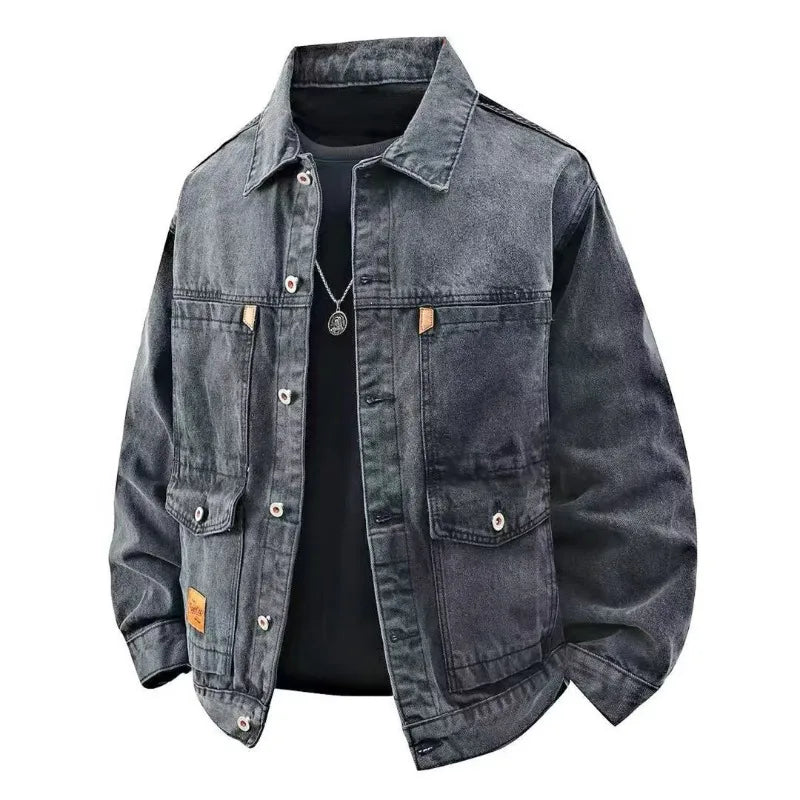 Spring Autumn Men Denim Coat Simple Solid Color Turn Down Collar Male Outerwear Single-breasted Long Sleeve Casual Man Jacket