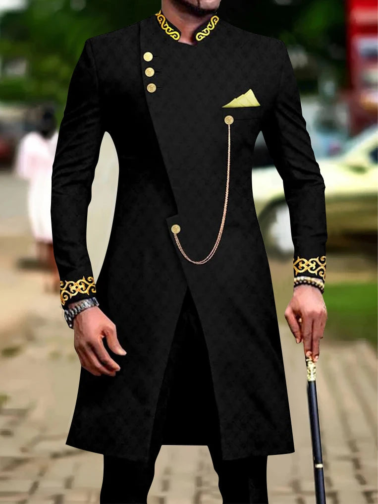 Men's casual two-piece suit set with long sleeves, mid-length jacket and trousers.