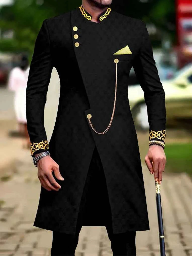 Men's casual two-piece suit set with long sleeves, mid-length jacket and trousers.