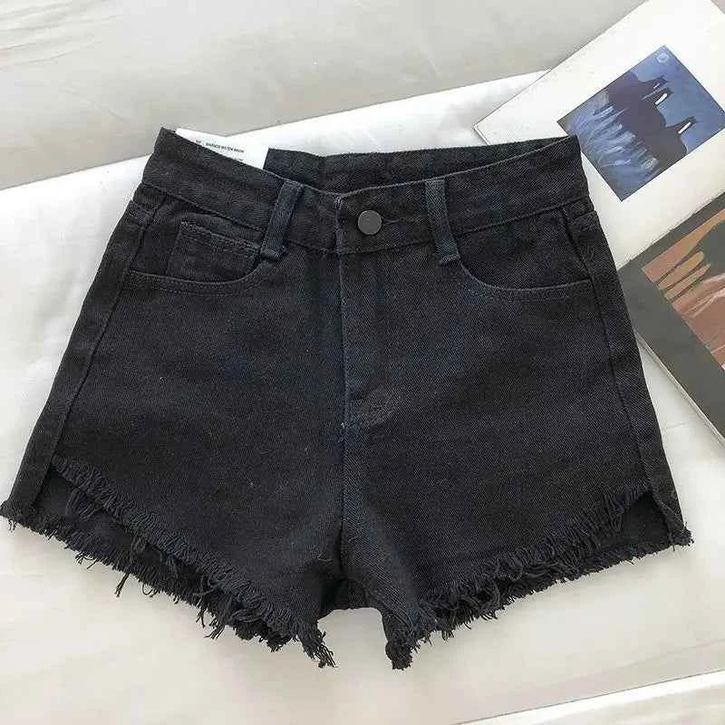 New Summer Women High Wiast Raw Hem Denim Shorts Soild White Black Blue Korean Wide Leg Pants Mon Shorts DURIKIES