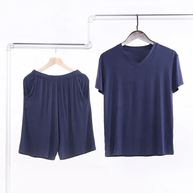 Summer Men's Modal Short Sleeve Shorts Set V-Neck Loose Fit Comfortable Sleepwear Home Clothes Mid-aged And Elderly Suitable
