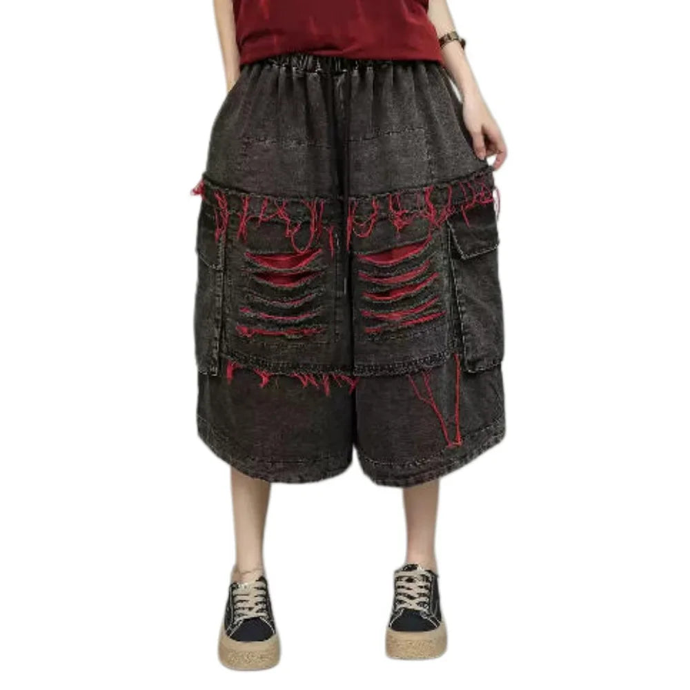 Unique Fashion Denim Jeans Women Distressed Mid-Length Loose Ripped Wide-Leg Cropped Pants LX5800