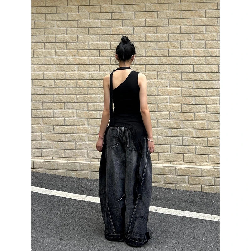 ZHIZOU Women Tomboy Dark Academia Baggy Low Rise Mom Jean Japanese Y2K Harajuku Denim Wide Leg Pants 2000s Cyber Punk Grunge