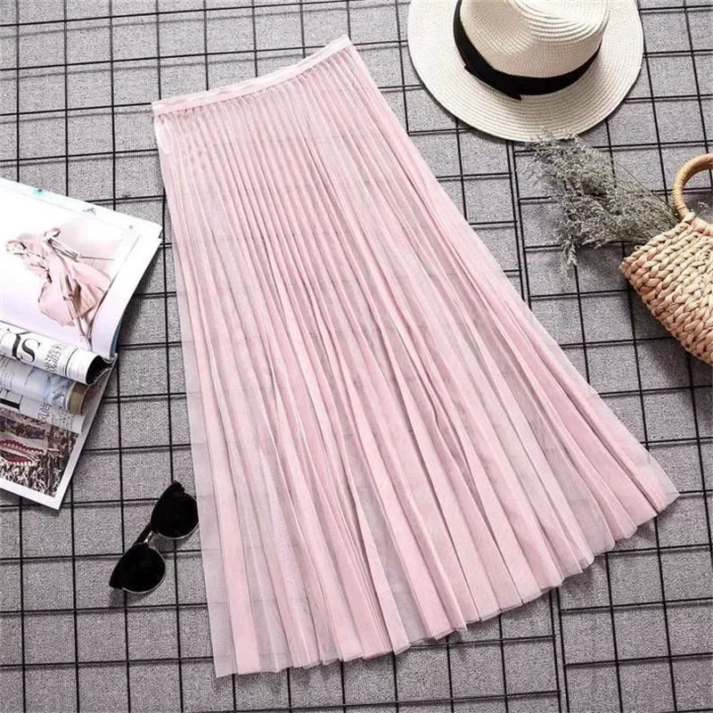 Women Sexy Mesh Lace Transparent Long Tulle Skirt Korean Fashion Summer Ladies Elastic High Waist Black White Beach Midi Skirt