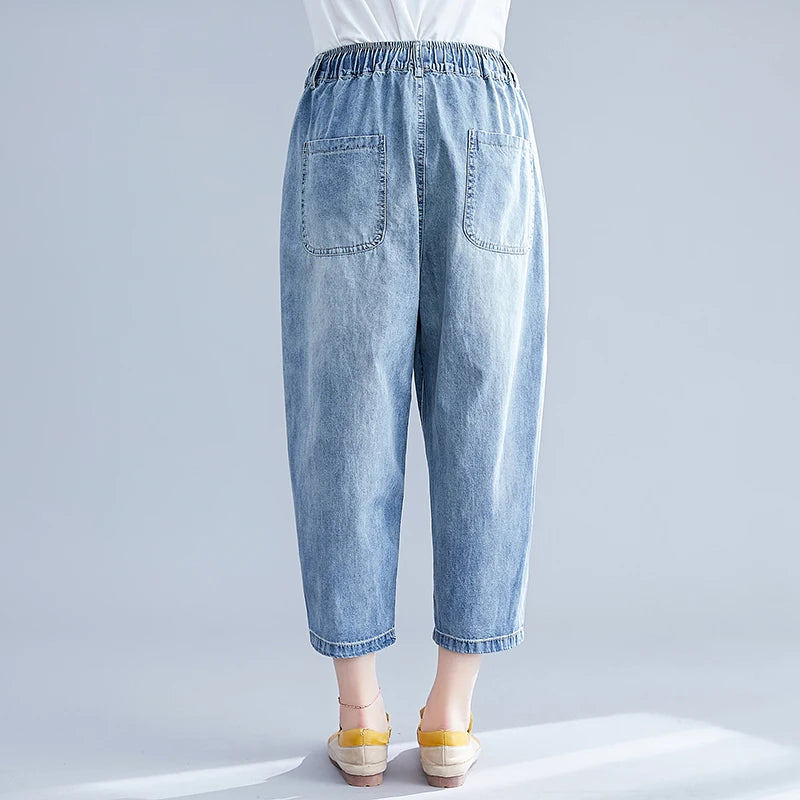 plus Size Women's Denim Jeans Seven-Foot Casual Thin Waed Harlan Wide Leg Pants Elastic Waist Versatile Summer Thin