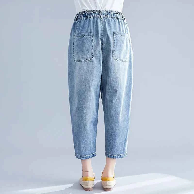 plus Size Women's Denim Jeans Seven-Foot Casual Thin Waed Harlan Wide Leg Pants Elastic Waist Versatile Summer Thin