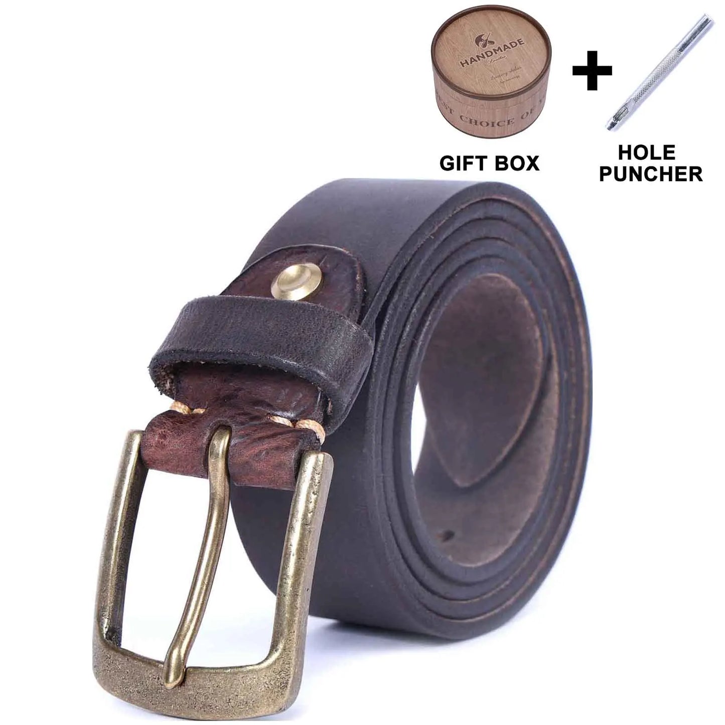 Vintage Genuine Leather Men's Belt With Solid Brass Buckle, Casual Pin Buckle Belt With Gift Box, Thickened Italian Cowhide