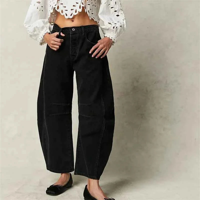 Women Vintage American Style Denim Jeans New Knee Splicing Design Straight Pants Female Commuter Casual Loose Mid Waist Trousers