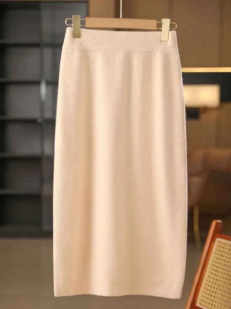 Women Autumn Winter Simplicity Basic 100% Merino Wool Knitted Half-Length Skirt Fashion Solid Soft Comfortable French Style