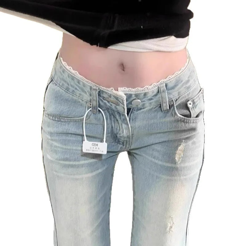 Low Waist Bell Bottom Jeans Women's Light Blue Washed Lace Splicing Design Spring Summer New Style Slimming Versatile Denim J...