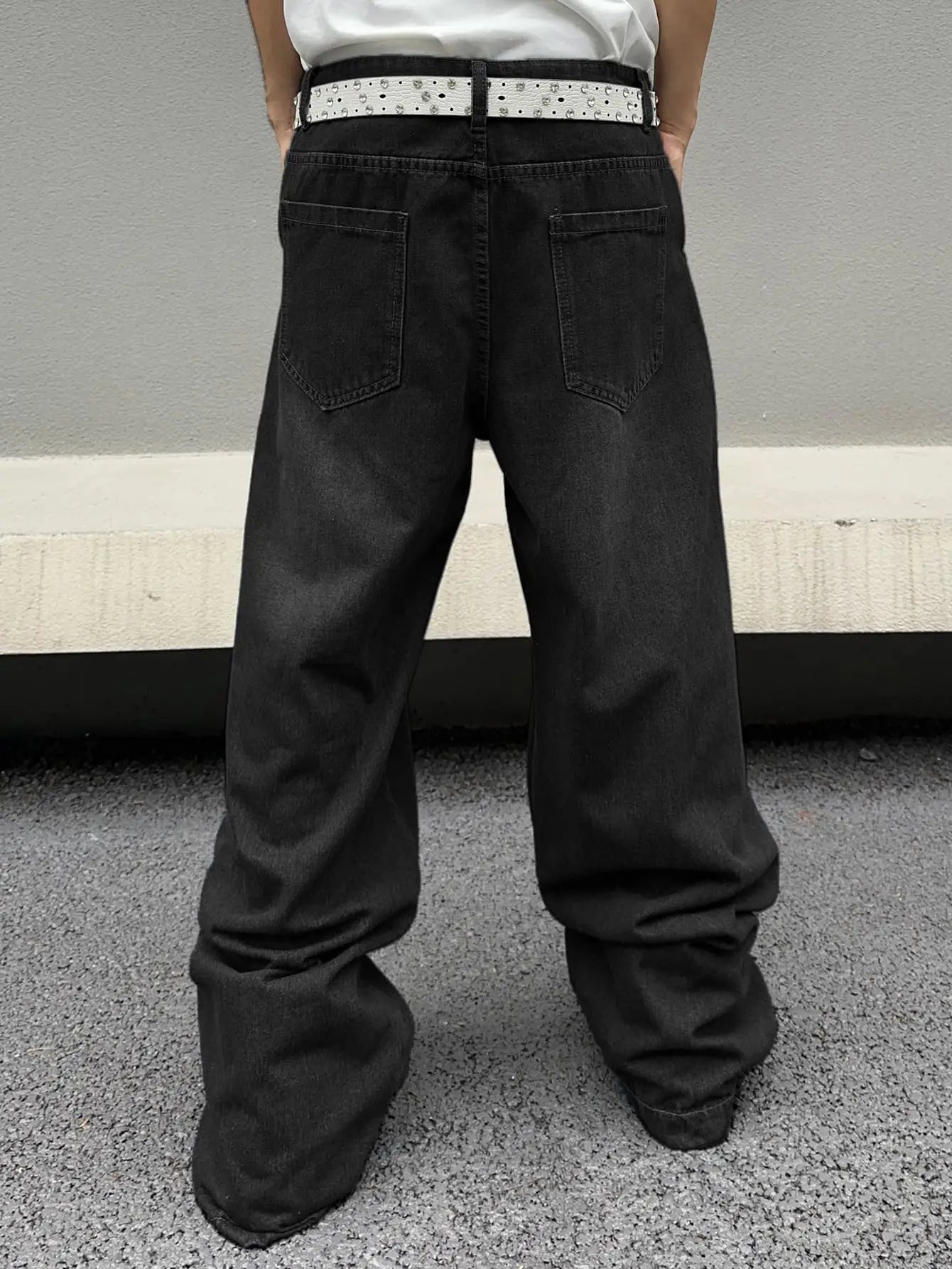 Men's Black Faded Baggy Wide Leg Jeans Unique Curved Seam Detail Hip Hop Street Style Casual Daily Going Out Loose Fit Denim Trousers