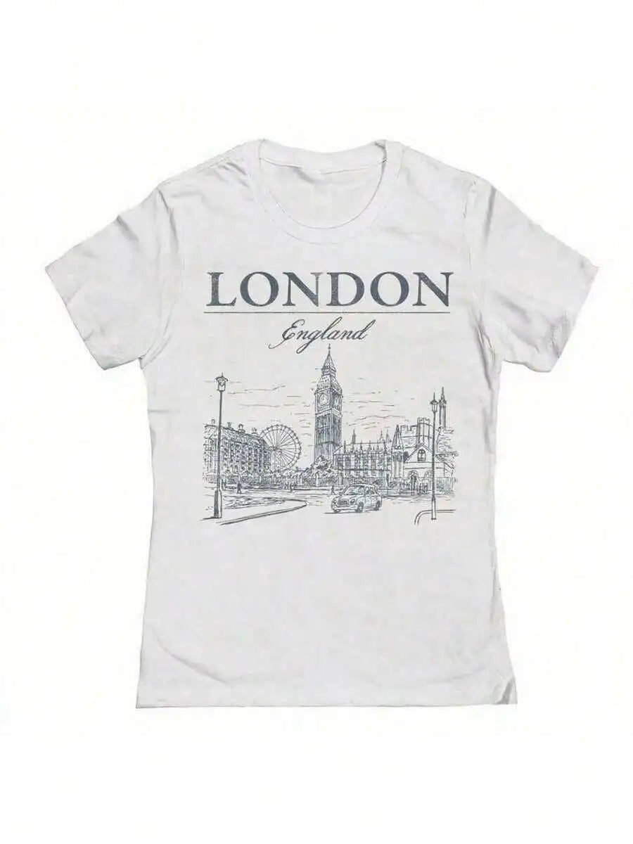 London England Graphic Cotton T-Shirt For Women Retro City Sketch Design