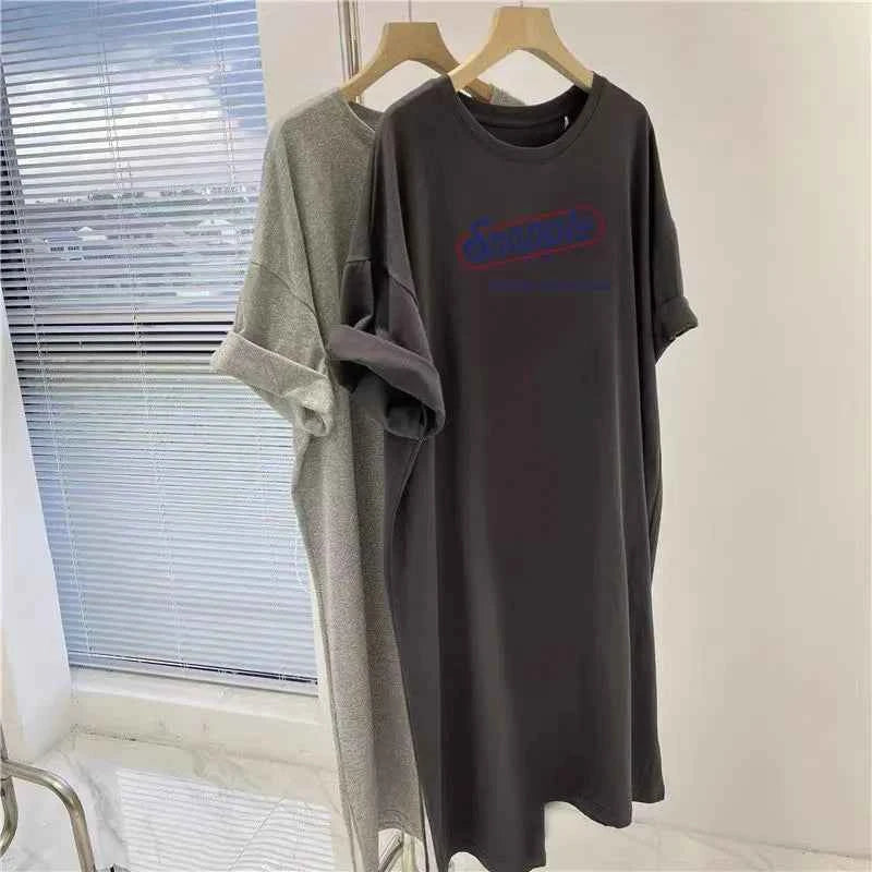 American Retro Letter Printed Plus Size Loose Short Sleeved Dress for Women