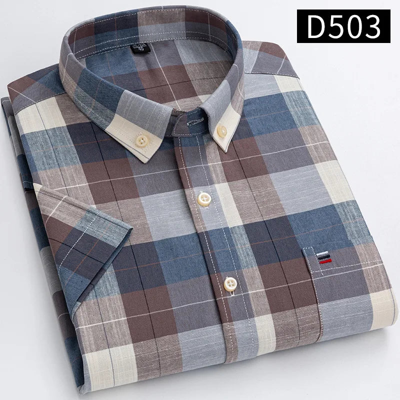 New Men's Social Shirt Short Sleeve 100% Pure Cotton Oxford Soft Buttoned Plaid Formal Male Clothes Pocket Social Shirt S-7XL