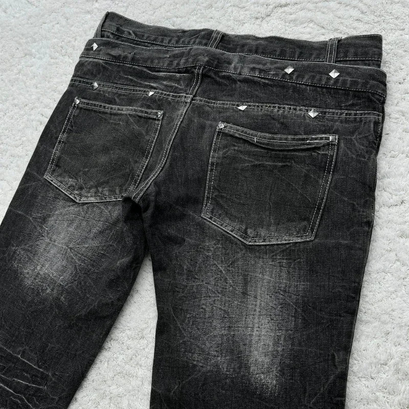 Fashionable high street double waisted lace up micro flared women jeans Y2K retro Harajuku washed design for men and women jeans