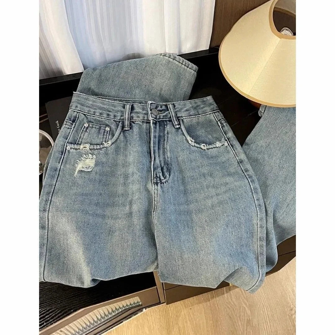 Casual Jeans Womens Straight Leg Denim Trousers Loose Fit High Waist Light Blue Wide Leg Vintage Ripped Design Autumn New