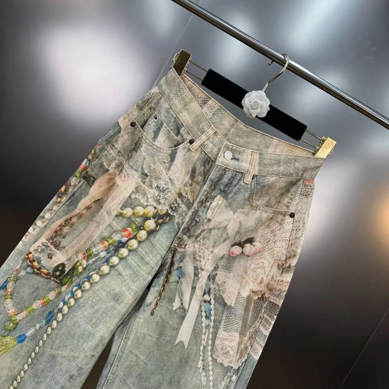 Y2k Jeans Baggy Fashion New Product 3D Printed Lace Pearl Chain Straight Tube Women Pants High Waisted Jeans Pants for Woman