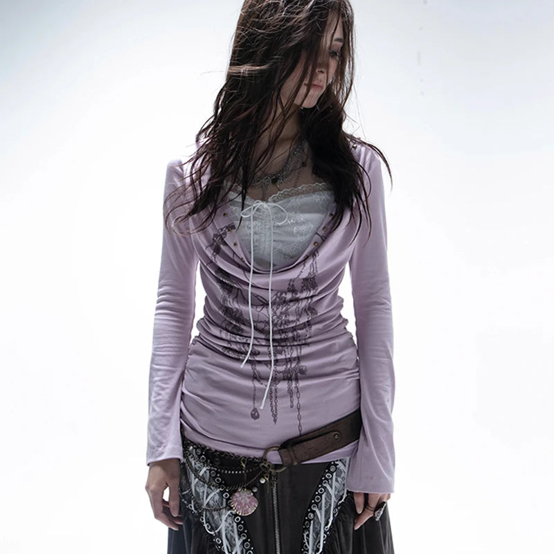 Karrram Grunge Aesthetics Tattoo Print T-shirt Japanese Y2k Fake Two-piece Tops Trashy 2000s Style Streetwear Black Gothic Punk