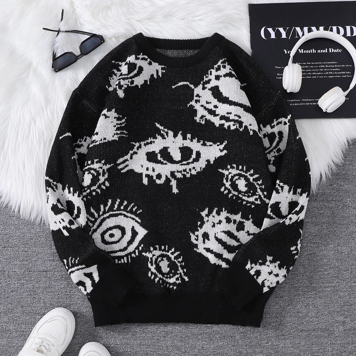 New Trendy Autumn and Winter Abstract Eye Jacquard Pattern Pullover Sweater Casual Round Neck Knitted Men's Pullover